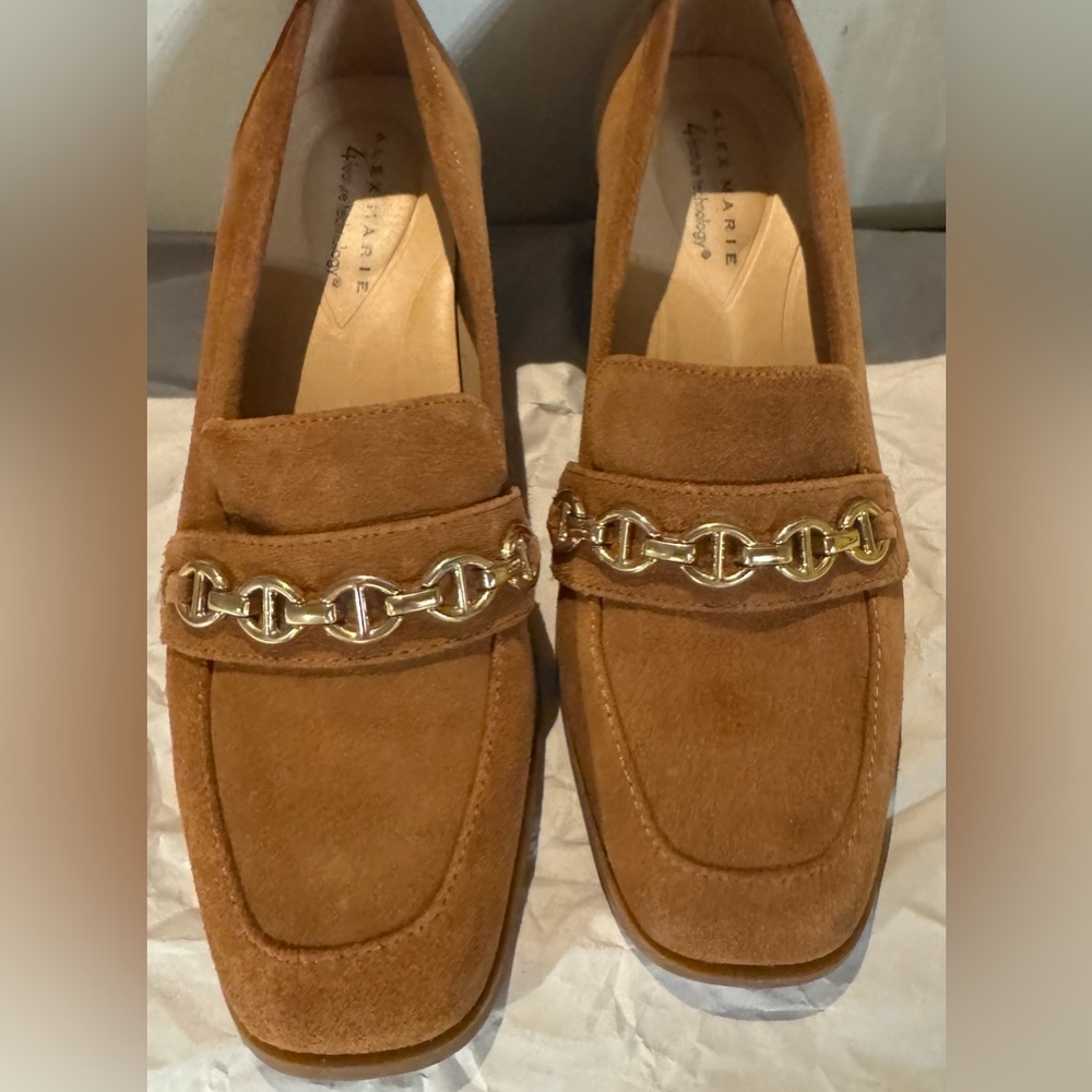 Alex Marie Brown Suede Loafers with Gold Chain 7.5